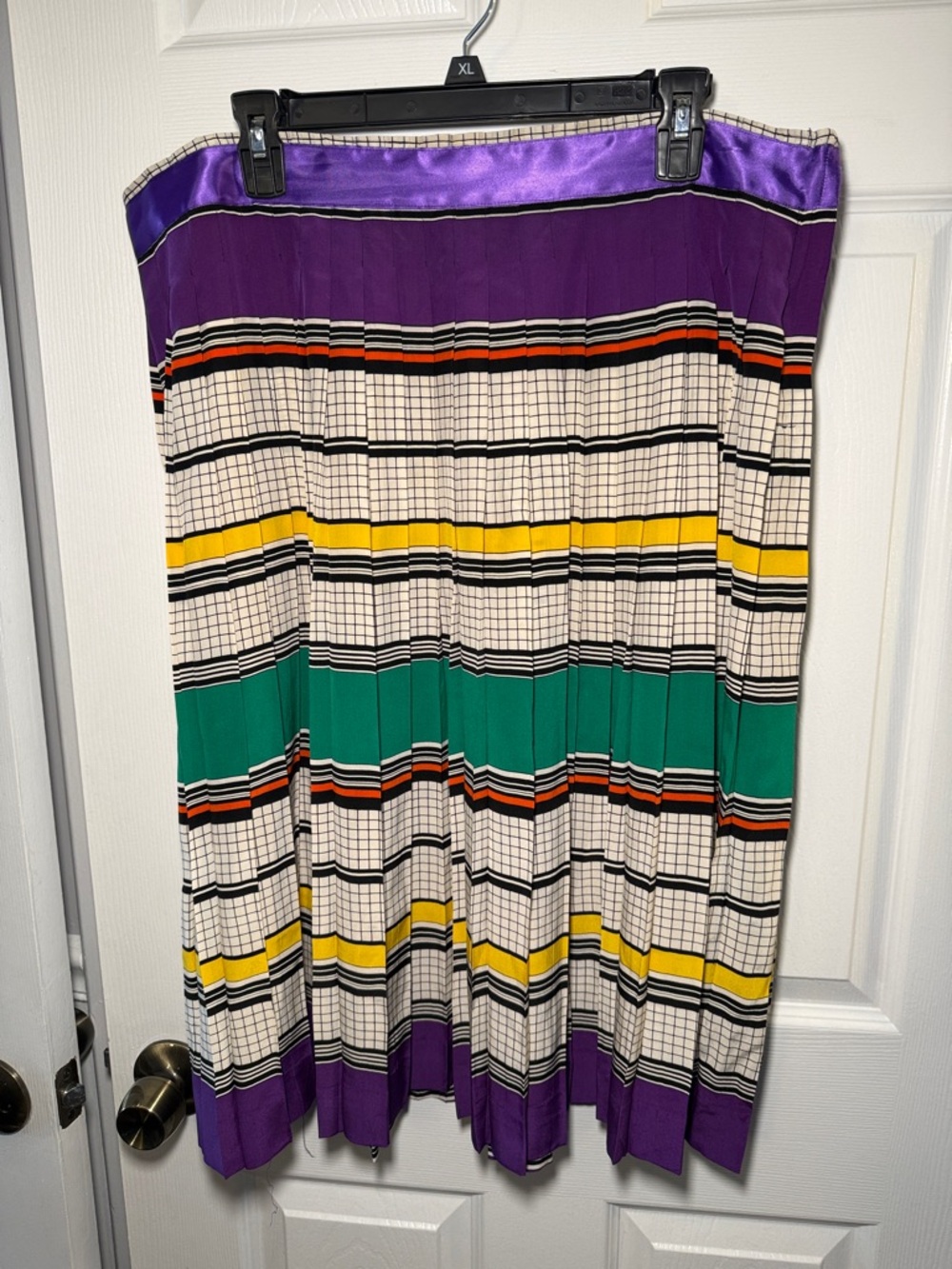 Vintage Silk Pleated Skirt Geometric Print Colorblock Waist 38” Art Deco XL